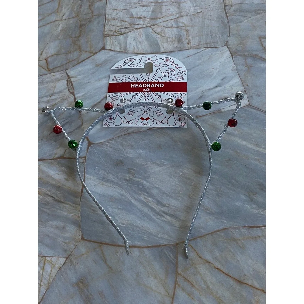 Justice Girls Silver Glitter Cat Ear Headband Red Green Holiday Jingle Bells NEW